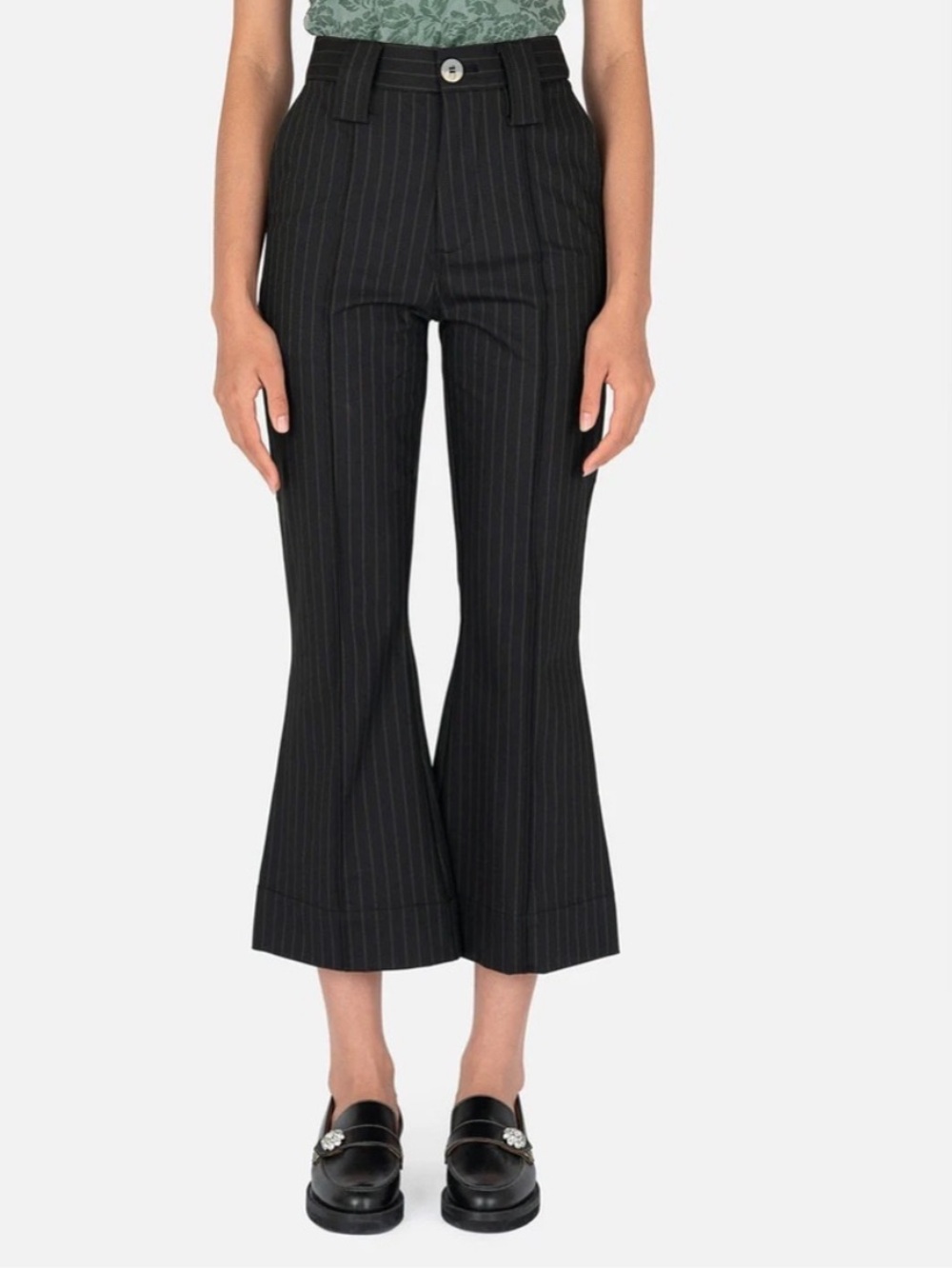 Ganni || Pinstripe Kick Flare Cropped Pants Trousers Black 34 US 2